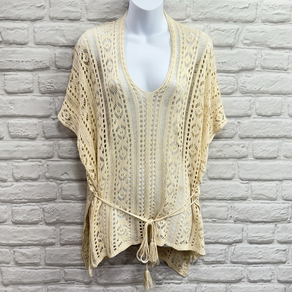 Crochet Bohemian Lace Tunic Top Sz L Peasant Festival Milkmaid Boho Tassel Top